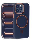 Case magnético SlowBack de cuero suave azul y naranja para iPhone 15 Pro, con protección completa.