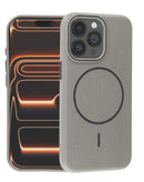 Case SlowBack de cuero gris titanio para iPhone 15 Pro, con cierre magnético y diseño elegante que protege tu móvil.