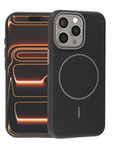 Case de cuero negro magnético para iPhone 15 Pro Max, con acabado suave y protección premium, compatible con carga inalámbrica.