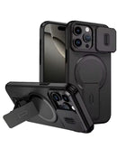 Funda negra magnética para iPhone 15 Pro Max con lente deslizante y soporte, protección y funcionalidad.