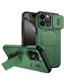 Funda verde Magnetic Push Slide con soporte para iPhone 15 Pro Max, protege lentes y permite visualización manos libres.