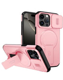 Funda rosa magnética con lente deslizante y soporte integrado para iPhone 15 Pro Max.