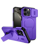 Funda magnética púrpura para iPhone 15 Pro Max con protección de lente deslizante y soporte integrado.