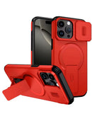 Estuche rojo magnético para iPhone 15 Pro Max con lente deslizante, soporte integrado y protección.