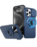 Funda con soporte de anillo y cubierta deslizante para lente de camara iPhone 15 Pro - Azul