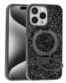 Funda Sparkle Luxury Slim negra para iPhone 15 Pro Max con soporte magnético integrado, brillo sutil y protección elegante.