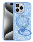 Funda slim lujo SlowBack Sparkle azul claro para iPhone 15 Pro Max con soporte magnético.