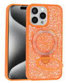 Funda Sparkle Luxury Slim naranja para iPhone 15 Pro Max con soporte magnético y anillo giratorio.