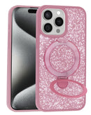 Funda Sparkle Luxury Slim rosa para iPhone 15 Pro Max con brillo y soporte magnético integrado.