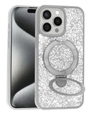 Funda Sparkle Luxury slim plateada para iPhone 15 Pro Max con soporte magnético integrado.