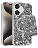 Case magnético plateado de doble capa para iPhone 16 con ranura para tarjeta, ofreciendo protección y funcionalidad elegante.