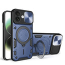 Funda híbrida SlowBack negra para iPhone 16 con anillo metálico giratorio y protector de cámara.