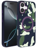 Funda de carga inalámbrica negra con diseño de camuflaje para iPhone 16, resistente y elegante.