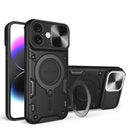 Funda híbrida negra para iPhone 16 con doble capa, anillo metálico y protector de cámara.
