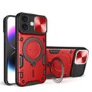 Funda híbrida roja para iPhone 16 con anillo metálico giratorio y protector de cámara SlowBack.