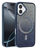 Protector de carga inalámbrica con cristales brillantes para iPhone 16 en color azul, disponible en Xela Quetzaltenango.