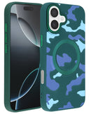 Funda de carga inalámbrica camuflaje verde para iPhone 16 Plus, diseño militar, protección duradera.