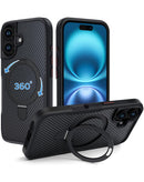 Funda protectora magnética negra premium para iPhone 16 Plus con soporte anular giratorio 360 SlowBack.