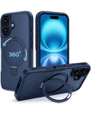 Funda protectora magnética azul marino para iPhone 16 Plus con soporte de anillo giratorio 360 y agarre seguro.
