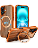 Funda protectora magnética naranja para iPhone 16 Plus con soporte de anillo giratorio 360.