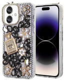 Funda negra iPhone 16 Plus Crystal Flower Perfume de silicona rígida, diseño floral transparente.
