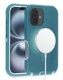 Funda protectora resistente (heavy duty) color turquesa para iPhone 16 Plus con carga inalámbrica.