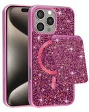 Funda Diamond Dual Layer magnética rosa para iPhone 16 Pro, con ranura para tarjeta, ofreciendo protección y estilo.