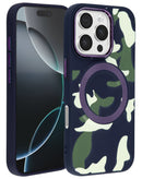 Estuche de carga inalámbrico negro con diseño camuflaje para iPhone 16 Pro/17, protección SlowBack.