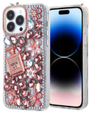 Funda dura de silicona Crystal Flower Perfume en oro rosa para iPhone 16 Pro, diseño floral brillante.