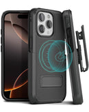 Funda híbrida SlowBack negra de doble capa para iPhone 16 Pro Max con clip para cinturón.