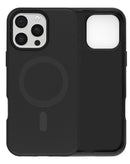 Funda MagSafe negra soft touch mate para iPhone 16 Pro Max, textura suave y protección elegante.