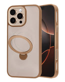 Case de carga inalámbrica con soporte de anillo giratorio para iPhone 16 Pro Max en color marrón, disponible en Xela Quetzaltenango.