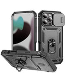 Funda híbrida negra para iPhone 16 Pro Max, doble capa, aro metálico y protector de cámara.