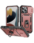 Case híbrido doble capa iPhone 16 Pro Max oro rosa, anillo metálico y protector de cámara.