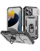 Case híbrido plateado para iPhone 16 Pro Max con doble capa, aro metálico y protector de cámara.