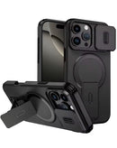 Estuche magnético deslizante negro para iPhone 16 Pro Max con soporte, protección de lente y agarre seguro.