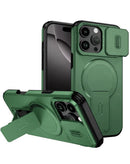 Funda magnética verde para iPhone 16 Pro Max, con cubierta deslizante para lente y soporte integrado.