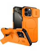 Caja magnética naranja con lente push slide y soporte para iPhone 16 Pro Max, accesorio duradero.