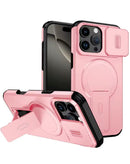 Funda rosa para iPhone 16 Pro Max con lente de cámara elevada y soporte trasero integrado.