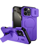Estuche morado de iPhone 16 Pro Max con lente imantado deslizable y soporte, protección premium.