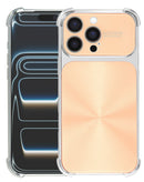 Carcasa dorada CD-Pattern electroplateada para iPhone 16 Pro Max, con protección antiimpactos en las cuatro esquinas.