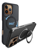 Funda protectora magnética negra para iPhone 16 Pro Max con anillo giratorio 360 y soporte.