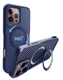 Funda magnética azul marino para iPhone 16 Pro Max con soporte de anillo giratorio 360 grados.