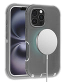 Funda gris resistente SlowBack para iPhone 16 Pro Max con carga inalámbrica, protección heavy duty.