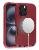 Funda heavy duty roja y negra para iPhone 16 Pro Max, compatible con carga inalámbrica, protección robusta.