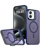 Funda Magsafe morada para iPhone 16 Plus con soporte de cámara, protección y carga inalámbrica.