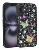 Funda negra brillante con purpurina y mariposas de pedrería para iPhone 16 Plus.