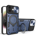 Funda híbrida negra de doble capa para iPhone 16 Plus con anillo metálico y protector de cámara SlowBack.