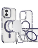 Protege tu iPhone 16 Plus con una funda magnética transparente con soporte para cámara de color púrpura en Quetzaltenango.
