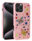 Protector de mariposa con purpurina y pedrería color lila claro para iPhone 16 Pro en Xela Quetzaltenango.